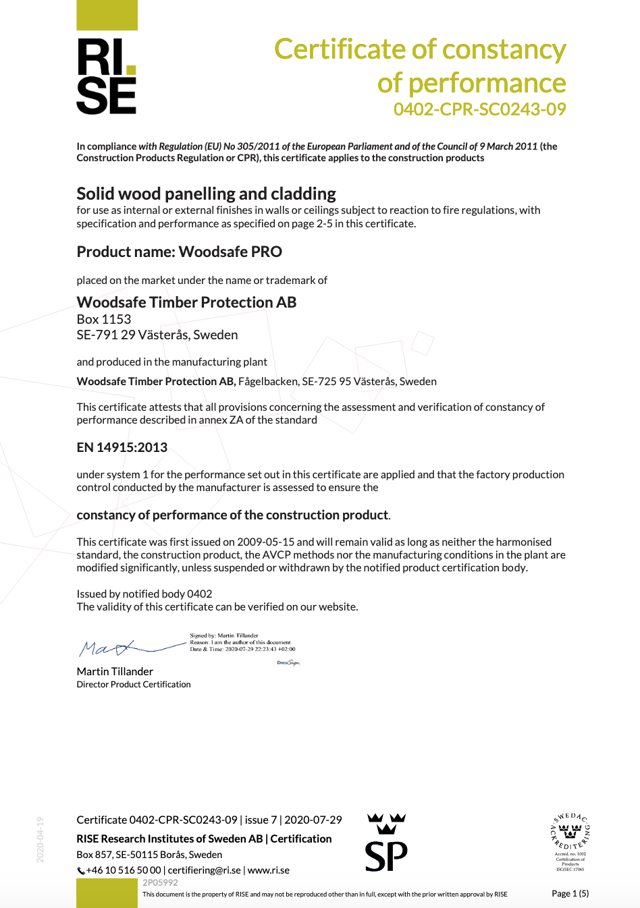 Certficate of constancy of performance - SC0243-09 (English)