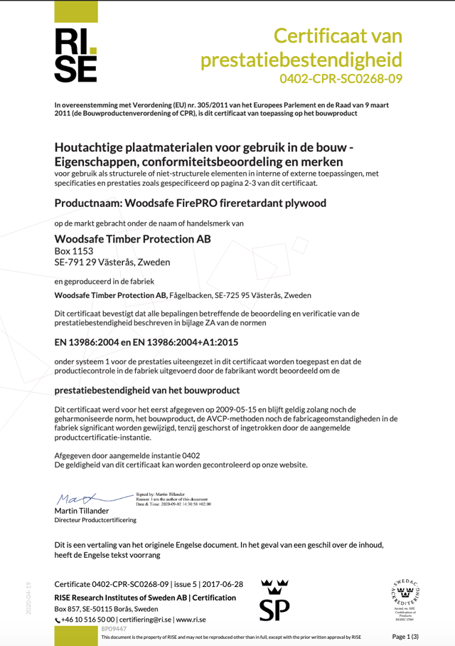 Certficate of constancy of performance - SC0268-09 (Dutch)