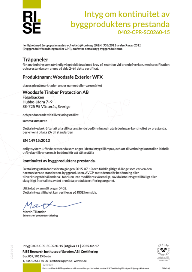 Certficate of constancy of performance - SC0260-15