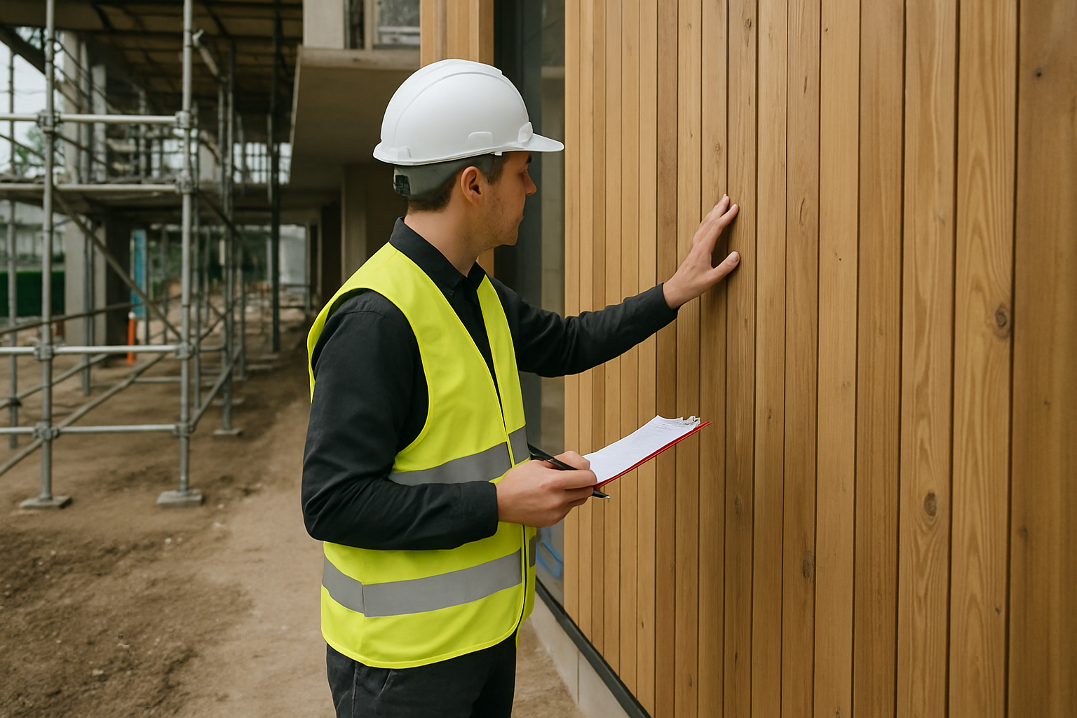 a fire consultant doing inspection on the wood facade at a building site wearing a yellow vest and a white helmet Do not write the word fire consultan-1